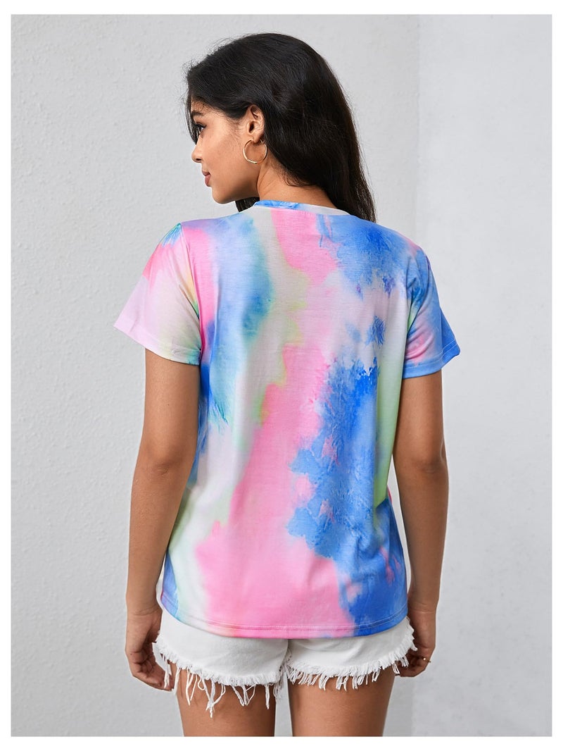 Verdusa Women's Short Sleeve Crewneck Tie Dye Tee Shirt Top Multicolor M - Image 2